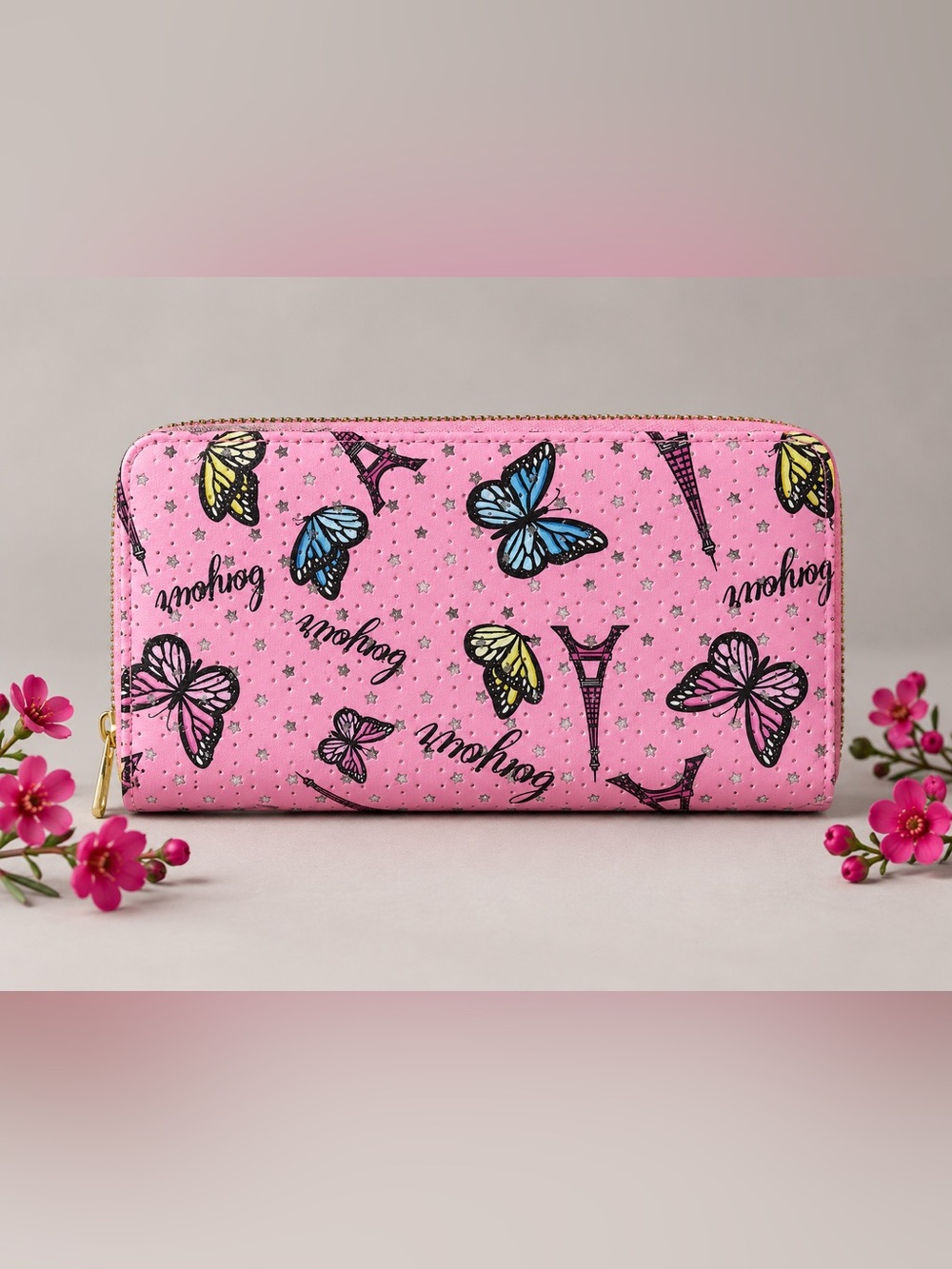 Pink Butterfly Print Zip Clutch Wallet